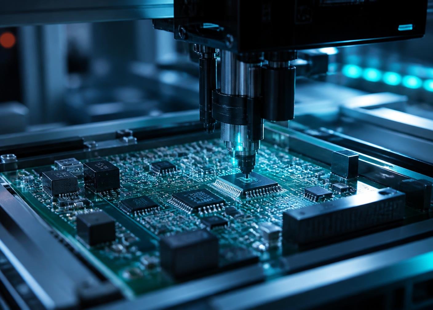 Automated pick-and-place machine assembling a printed circuit board
