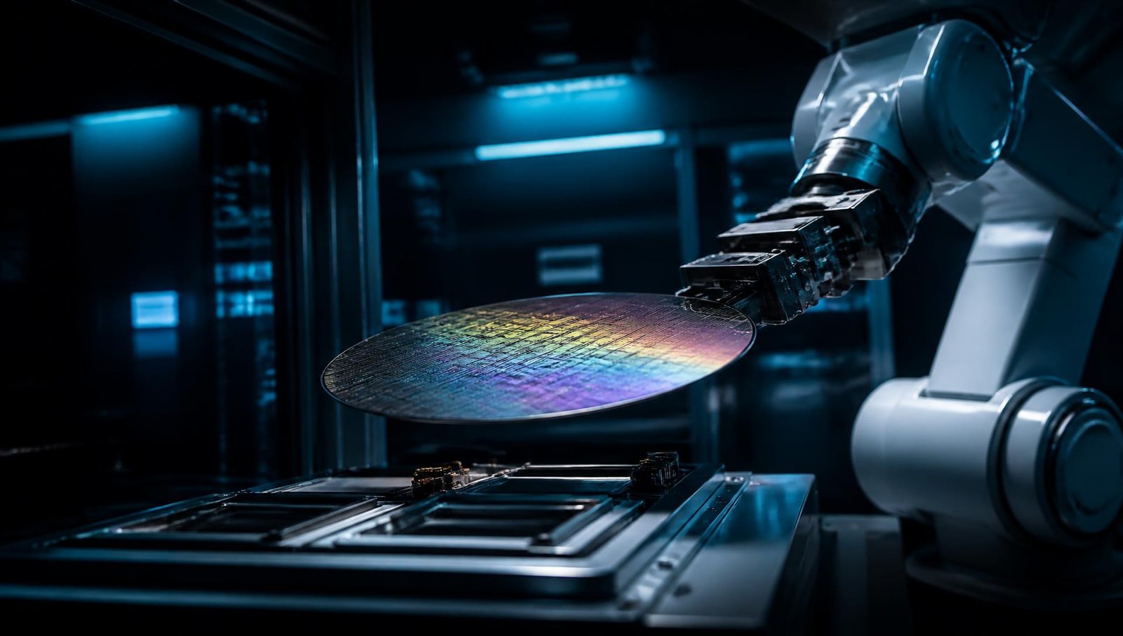 Silicon wafer handled by a robotic arm inside a semiconductor cleanroom